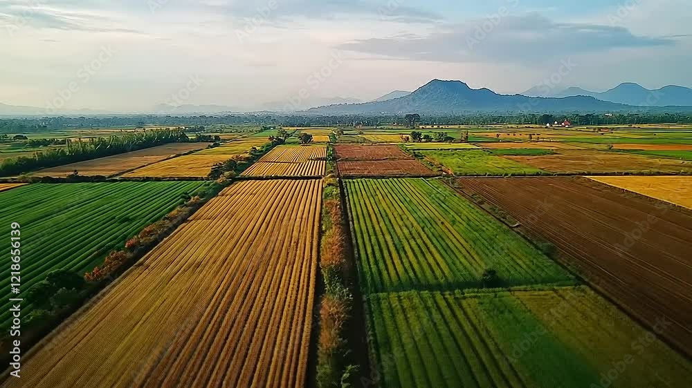 Aerial View of Diverse Agricultural Fields and Distant Mountains