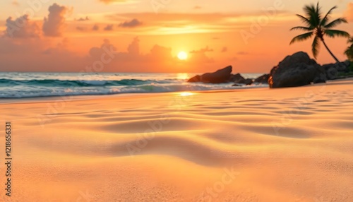Tropical beach at sunset with orange sky and smooth sand texture and ocean view