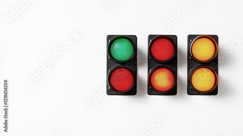 Trio of vertical traffic lights showing red and yellow signals against a clear blue sky.