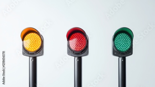 Trio of vertical traffic lights showing red and yellow signals against a clear blue sky.