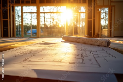 Architectural blueprints on a table with sunlight streaming through windows in a home under renovation with visible kitchen  Generative AI