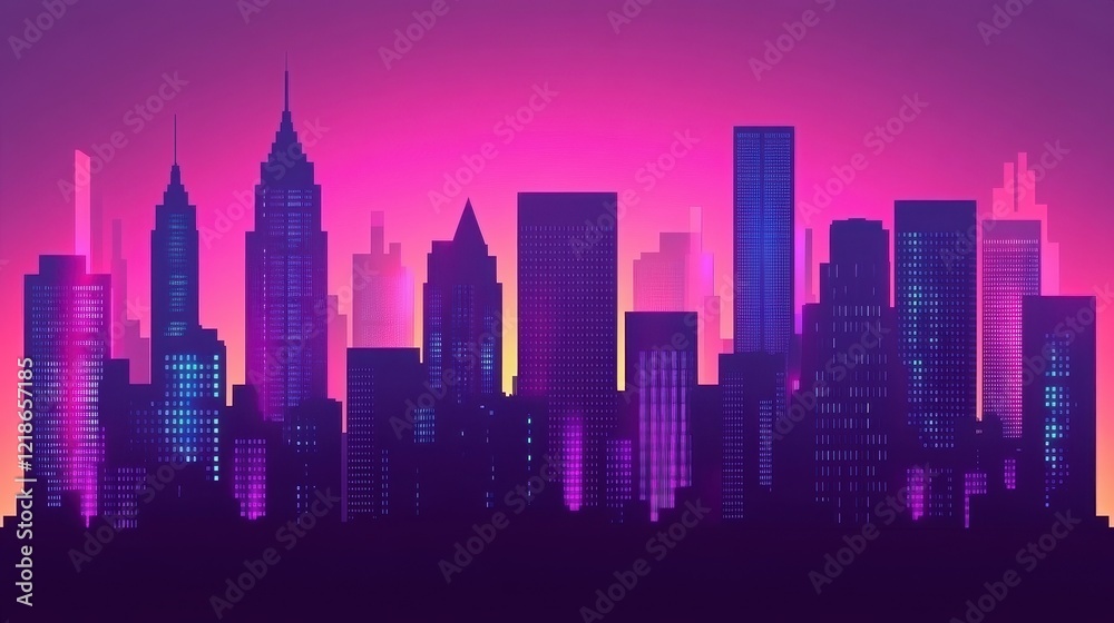 Naklejka premium Neon Cityscape Silhouette at Twilight Glowing Buildings