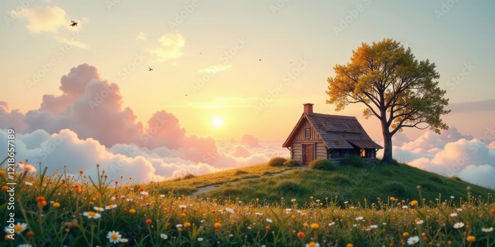 Serene Sunset Vista A Rustic Cabin nestled on a grassy knoll above a sea of clouds, bathed in the warm glow of the setting sun, wildflowers blooming in the foreground. Serene Sunset Vista A Rustic Cabin nestled on a grassy knoll above a sea of clouds, bathed in the warm glow of the setting sun, wildflowers blooming in the foreground.