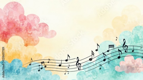 Watercolor Cloudscape Featuring a Musical Staff with Notes Flowing Through the Air