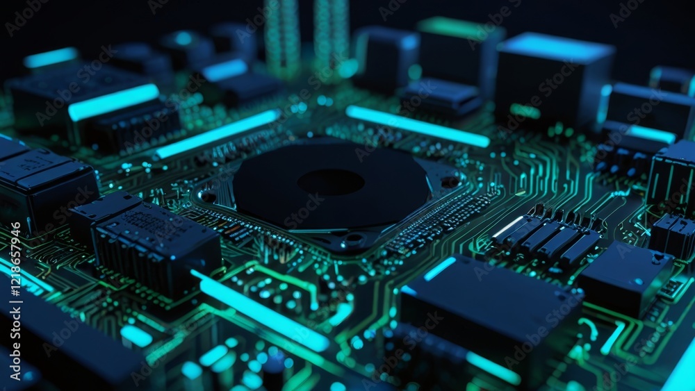 Fototapeta premium Neon-Lit Computer Motherboard with Circuit Tracks and Chips