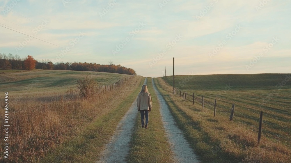 Woman walking down a long dirt road in rural landscape at sunset. Woman walking down a long dirt road in rural landscape at sunset.