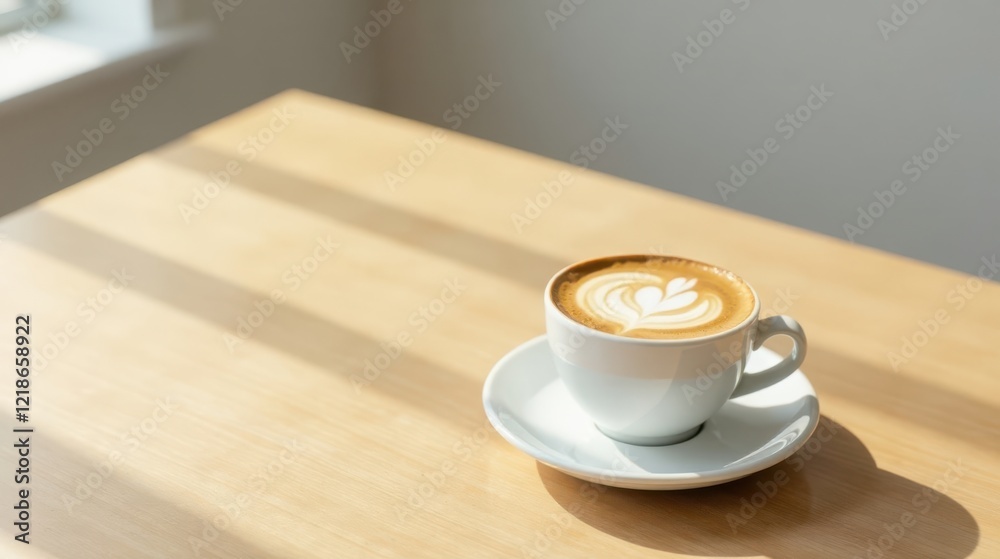 Obraz premium Aromatic Coffee Drink in a White Cup on a Sunny Wooden Table