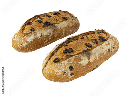 Isolated Two Rustic Raisin Bread Loaves photo