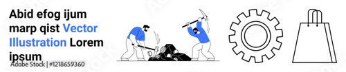 Text paragraph followed by two workers using pickaxes, a gear symbol, and a shopping bag outline. Ideal for teamwork, manual labor, industrial themes, engineering, retail industry, and shopping