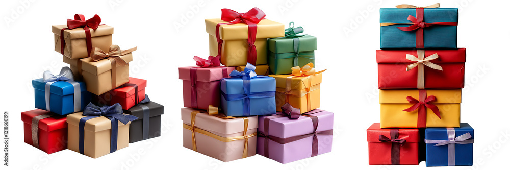 Naklejka premium Colorful Stacks of Wrapped Gift Boxes, Presents for Celebration, Birthday, Holiday, Christmas, New set isolated on transparent background