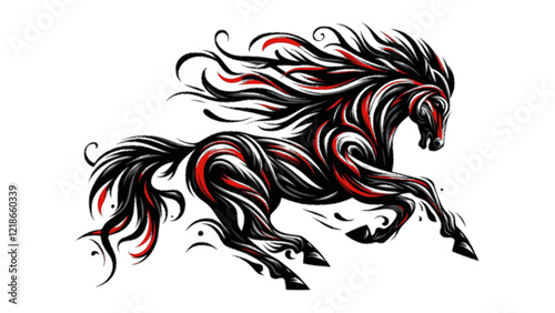 Tribal Horse Illustration with Dynamic Black and Red Mane