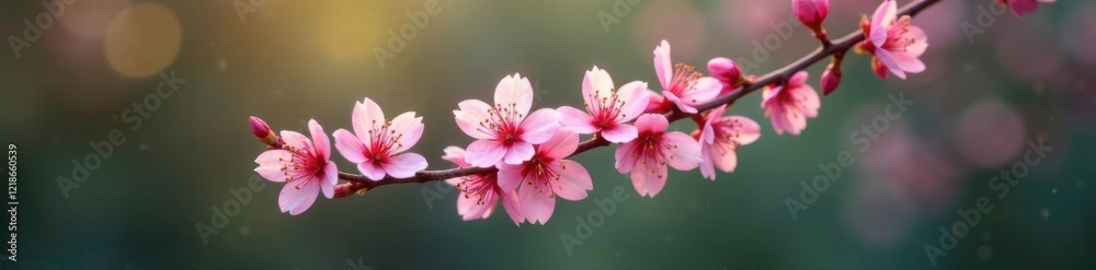 A delicate sprig of pink flowers blooms on a single branch, branch, dainty, bloom A delicate sprig of pink flowers blooms on a single branch, branch, dainty, bloom