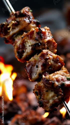 Greek Lamb Souvlaki Grilling over Fire for Traditional Easter Celebration