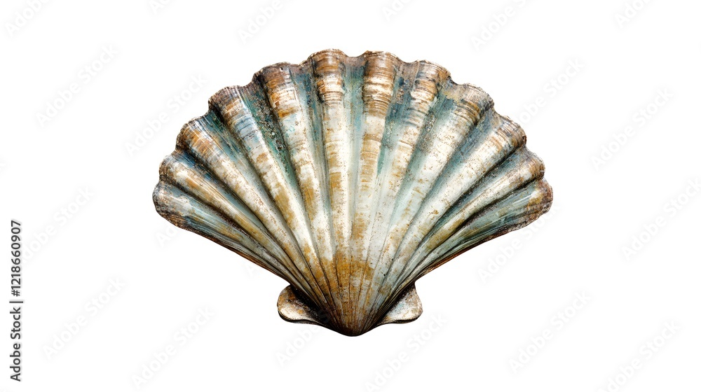 Obraz premium A stunning shell isolated on white. The beauty of sea creatures. A close-up of marine elegance. Discover the beauty of sea creatures.