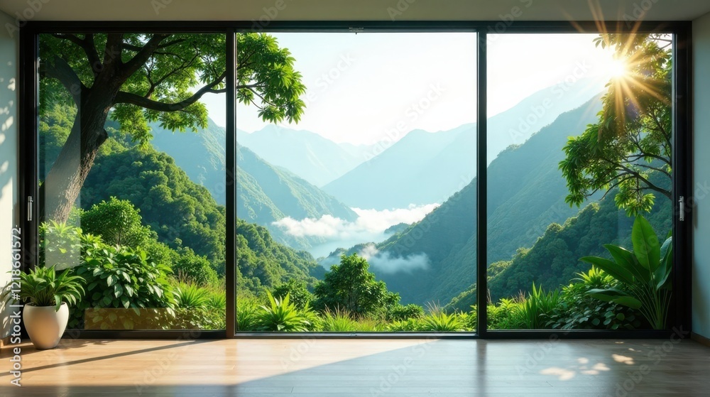Serene Mountain Vista Through Expansive Glass Doors in a Modern Minimalist Home Serene Mountain Vista Through Expansive Glass Doors in a Modern Minimalist Home