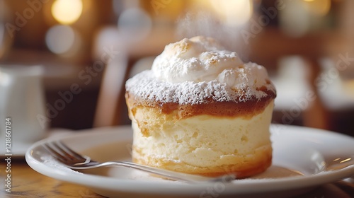 A fluffy, powdered sugar-topped pancake served on a plate with a fork.