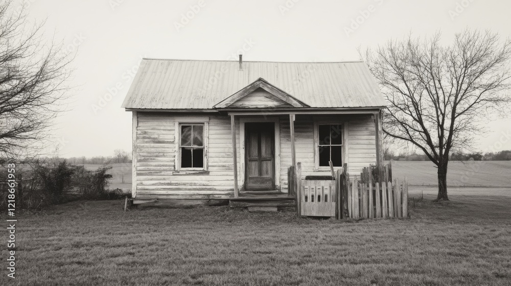 Black and white photo of an abandoned, weathered farmhouse with broken windows and a small porch, situated in a grassy field with leafless trees.