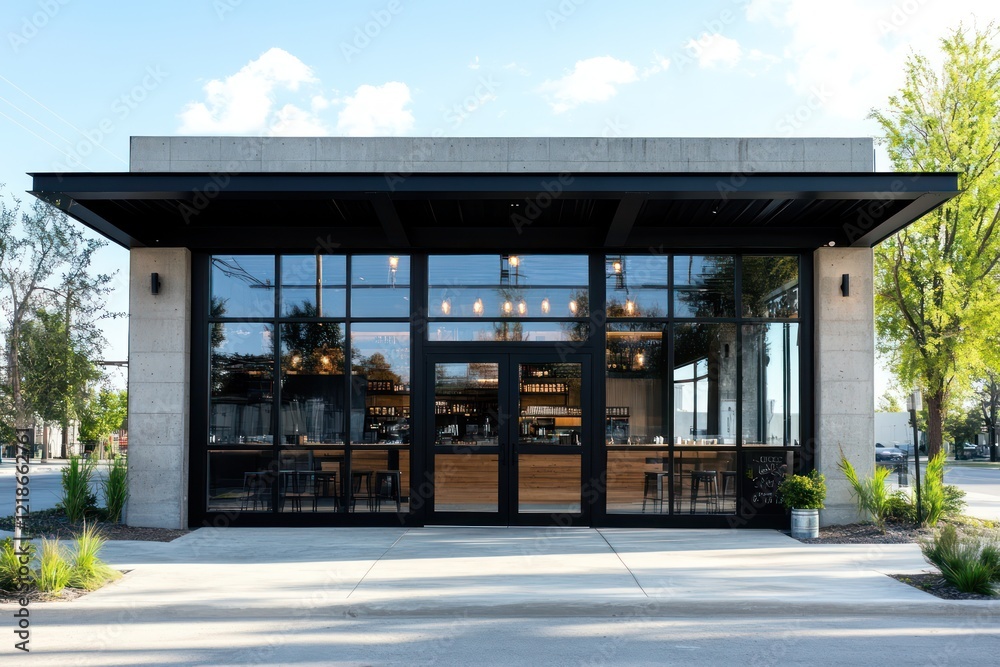 Exterior of a modern building with large windows and black framing with a concrete roof Exterior of a modern building with large windows and black framing with a concrete roof