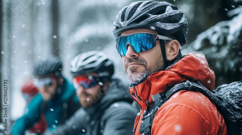 a winter sports enthusiast, clad in a reflective, weather-resistant jacket and tinted eyewear, standing poised and alert among fellow cyclists before tackling the demanding mountain trails