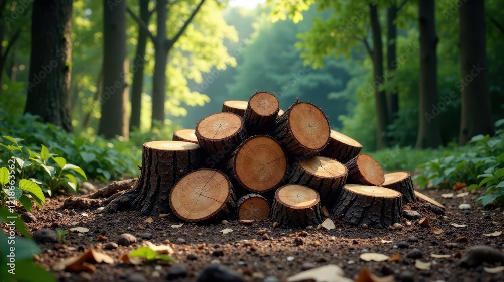 A Pile of Freshly Cut Logs Resting in a Sun-Dappled Forest Clearing A Pile of Freshly Cut Logs Resting in a Sun-Dappled Forest Clearing