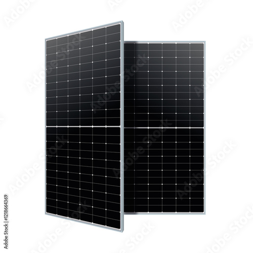 Two sleek solar panels standing upright, showcasing a grid of photovoltaic cells. Highlighting modern renewable energy technology, emphasizing efficiency and sustainability.