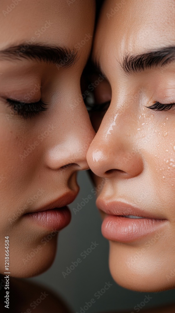 Obraz premium Close-Up of Two Women Sharing an Intimate Moment with Water Droplets on Skin