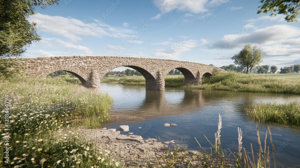Stone Arch Bridge Spanning Serene River Valley Stone Arch Bridge Spanning Serene River Valley