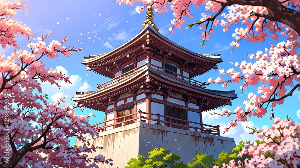 Stunning Japanese Pagoda Framed By Cherry Blossoms During Hanami Celebration Stunning Japanese Pagoda Framed By Cherry Blossoms During Hanami Celebration