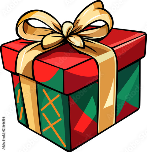 green colour gift Christmas box with golden and red ribbon hand drawn vector image with transparent background 