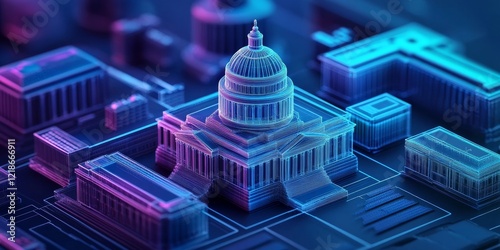 Conceptual Visualization of Public Sector Services and Government Departments Represented in Holographic Icons, Generative AI