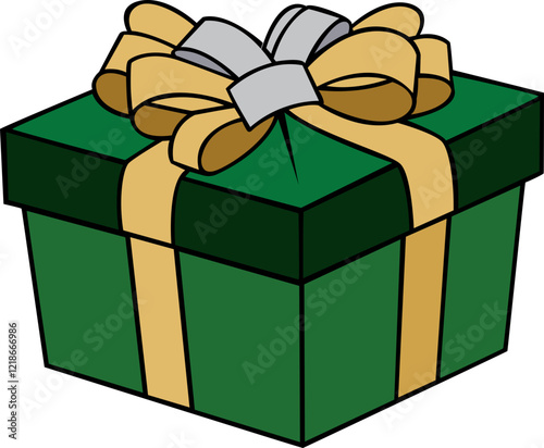 green colour gift Christmas box with golden and red ribbon hand drawn vector image with transparent background 