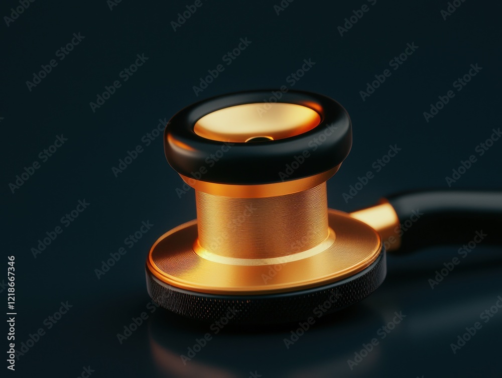 Macro shot of polished stethoscope diaphragm in professional clinical setting illuminating precision and detail