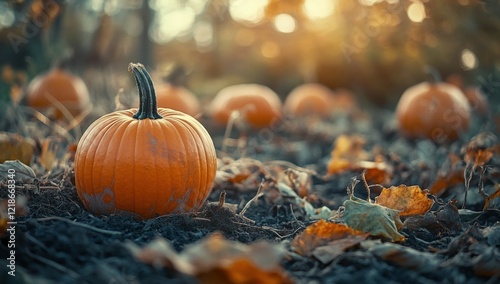 Vibrant Orange Pumpkin Amidst Fallen Leaves in an Autumn Field with a Warm Glowing Background Capturing the Essence of the Seasonal Harvest Time and Nature's Bounty