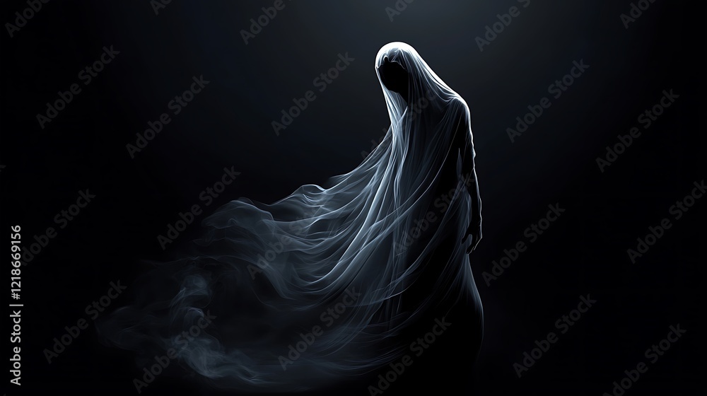 A depiction of a woman ghost emerging from a shadowy background. A depiction of a woman ghost emerging from a shadowy background.