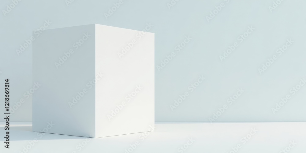 A simple white cube rests on a pristine white surface against a pale blue backdrop, offering a minimalist and clean aesthetic for design presentations. A simple white cube rests on a pristine white surface against a pale blue backdrop, offering a minimalist and clean aesthetic for design presentations.