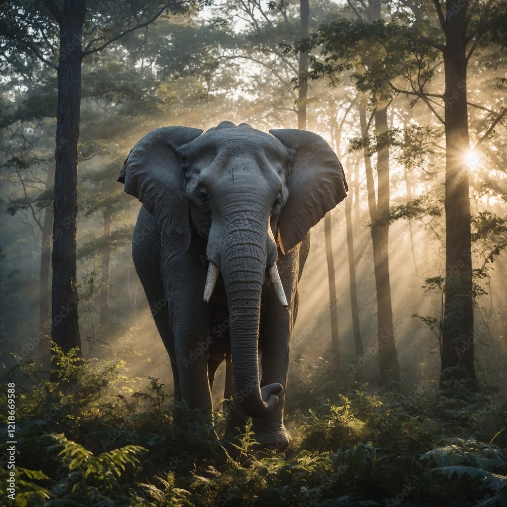 Fototapeta premium A white elephant in a misty forest at sunrise, with sunlight streaming through the trees.