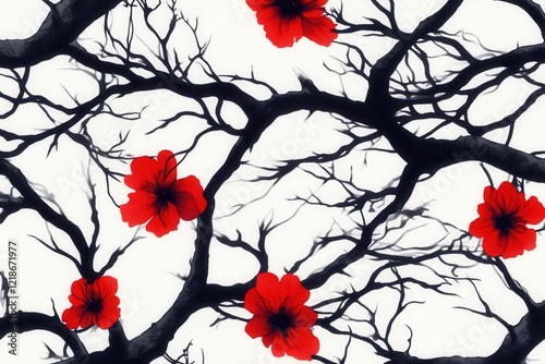 Red flowers on dark branches white background