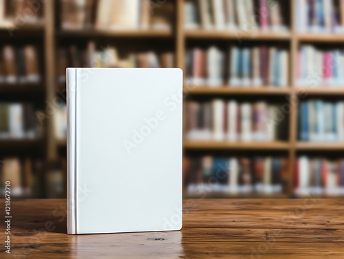 A blank book standing upright on a wooden table, a blurred bookshelf in the background, perfect for book cover mockups.