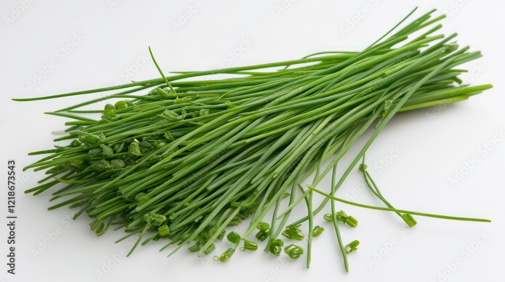 Fresh chives with long, thin green stems, displayed on a white background. Fresh chives with long, thin green stems, displayed on a white background.
