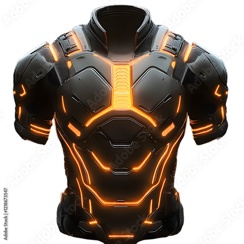 High-tech body armor glowing with orange lights, offering protection and futuristic design, isolated on transparent background