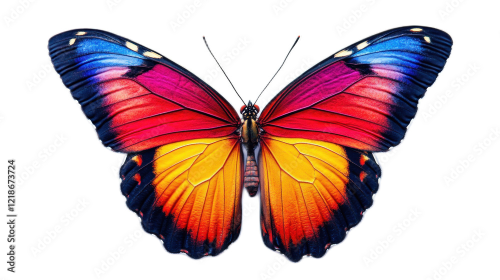 Obraz premium Stunning Colorful Butterfly with Vibrant Red, Orange, Yellow, and Blue Wings Displayed Against a Clean Background for Nature and Wildlife Themes