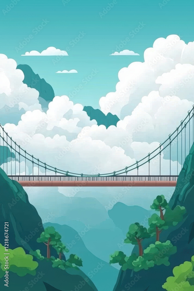 Fototapeta premium Bridge spanning valley with lush greenery and clouds in background, creating serene atmosphere