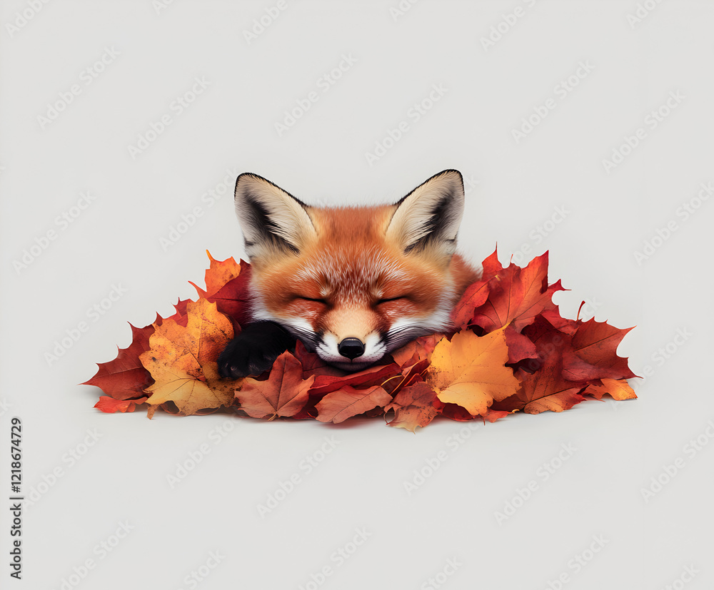 Fototapeta premium A fox cub sneaking a nap inside a pile of colorful autumn leaves.