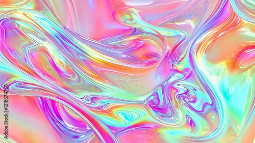 Seamlessly looping abstract animation of swirling, iridescent colors. This vibrant, psychedelic footage is perfect for backgrounds, overlays, and visual effects