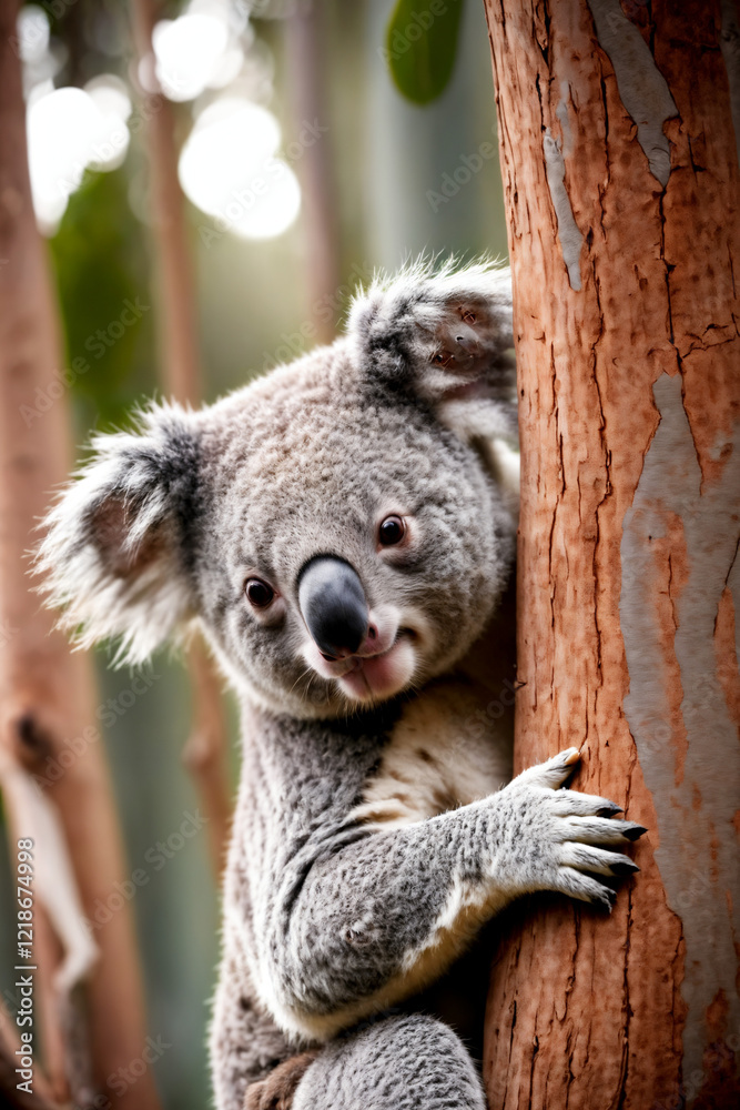 Fototapeta premium A koala embraces the eucalyptus tree