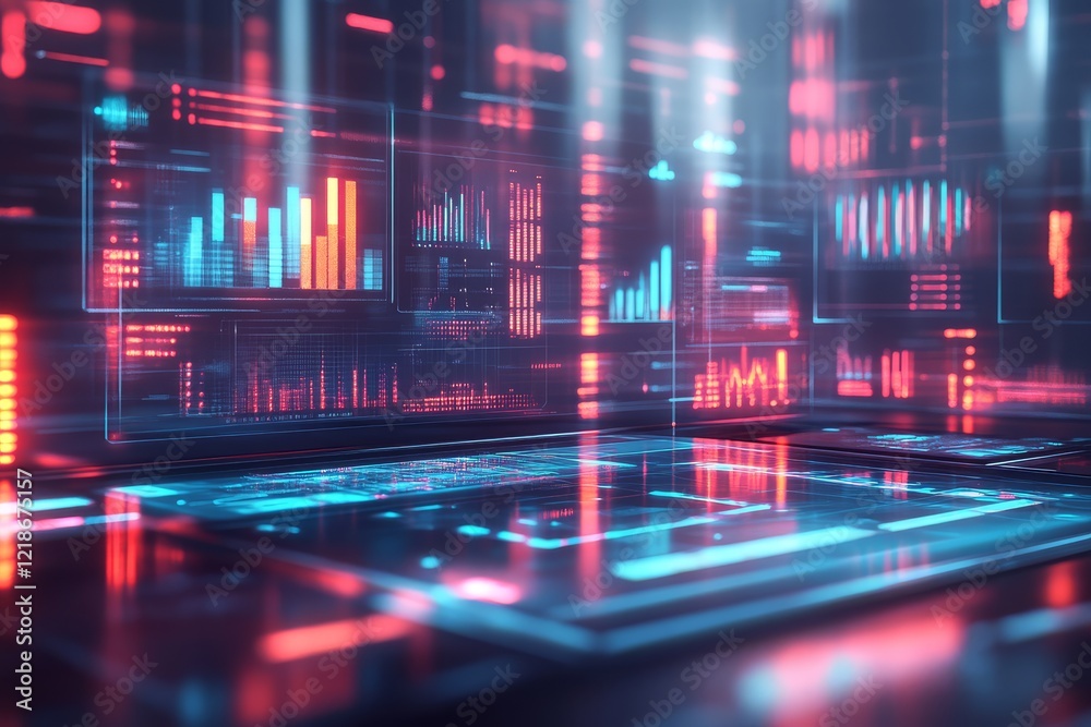 Fototapeta premium A futuristic digital interface with glowing graphs and data visualizations in vibrant blue and red hues.