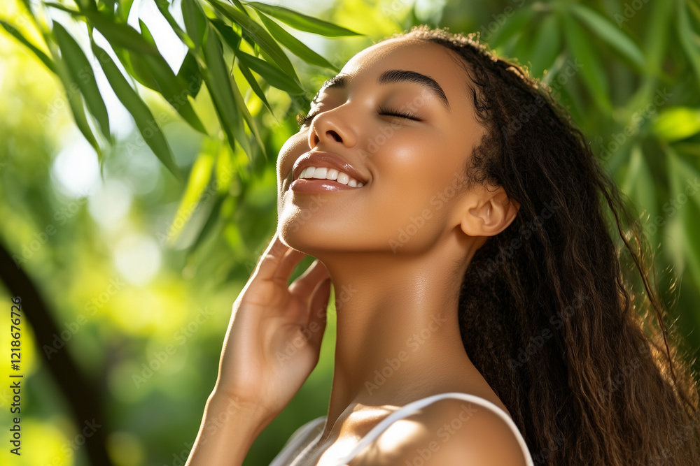 Natural Beauty Shines Through as a Young Woman Enjoys the Warmth of a Sunny Day in a Lush Green Setting Natural Beauty Shines Through as a Young Woman Enjoys the Warmth of a Sunny Day in a Lush Green Setting