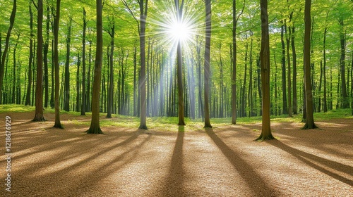 Wallpaper Mural Sunbeams Illuminate a Lush Green Forest Floor Torontodigital.ca