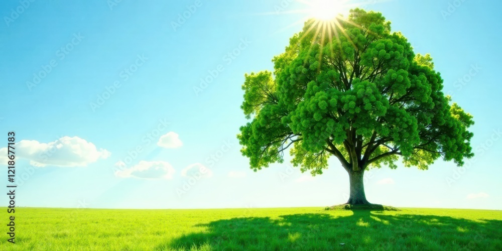 A majestic, vibrant green tree stands alone in a sun-drenched field, casting a long shadow on the lush grass under a clear blue sky with fluffy white clouds. A majestic, vibrant green tree stands alone in a sun-drenched field, casting a long shadow on the lush grass under a clear blue sky with fluffy white clouds.