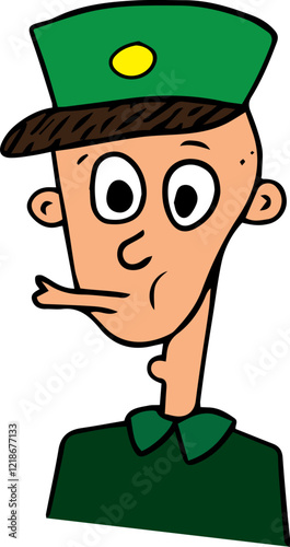 A funny man in a military green cap and a military green shirt opened his eyes wide open his lips with a tube and whistles